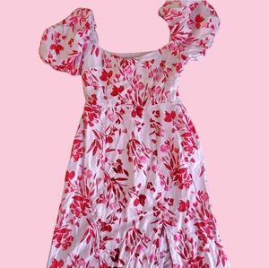 White Floral Puff Sleeve Midi Dress